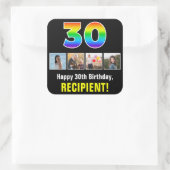 30歳の誕生日：レインボー「30」、写真カスタムと名前 スクエアシール (バッグ)