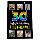 30歳の誕生日：レインボー「30」、写真カスタムと名前 ミディアムペーパーバッグ (正面)