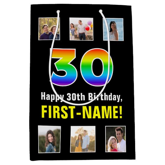 30歳の誕生日：レインボー「30」、写真カスタムと名前 ミディアムペーパーバッグ (正面)