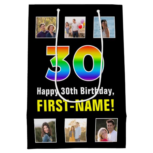 30歳の誕生日：レインボー「30」、写真カスタムと名前 ミディアムペーパーバッグ (裏面)