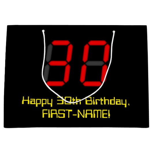 30歳の誕生日：レッドデジタル時計のスタイル「30」 +名前 ラージペーパーバッグ (正面)