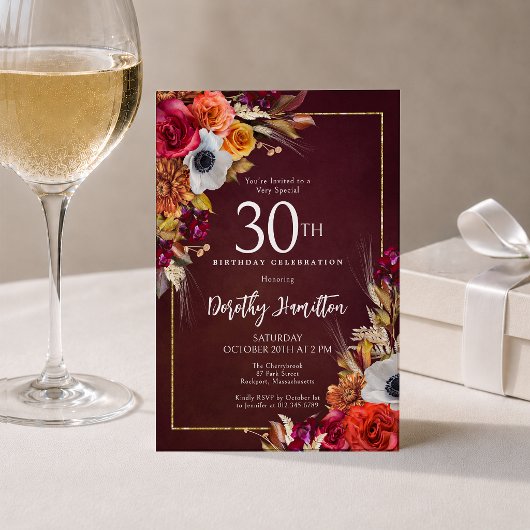 30歳の誕生日 ワインレッドの秋の花 エレガントな筆記体 招待状