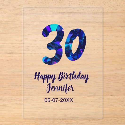 30歳の誕生日 名前 日付 年号 青いスパークル アクリル招待状 (正面)