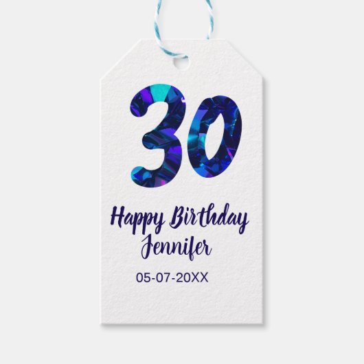 30歳の誕生日 名前 日付 年号 青いスパークル ギフトタグ (正面)
