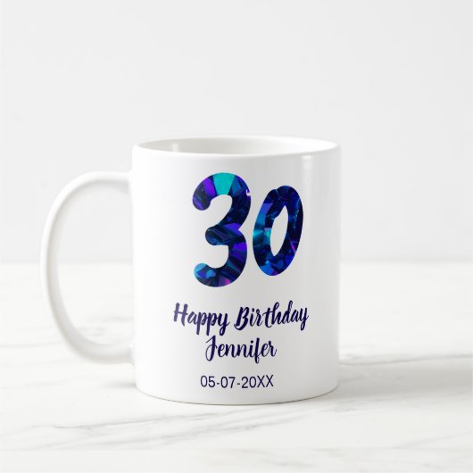 30歳の誕生日 名前 日付 年号 青いスパークル コーヒーマグカップ (左)