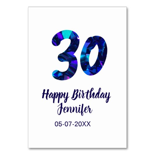 30歳の誕生日 名前 日付 年号 青いスパークル テーブルナンバー (正面)