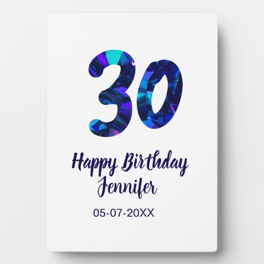 30歳の誕生日 名前 日付 年号 青いスパークル フォトプラーク (正面)