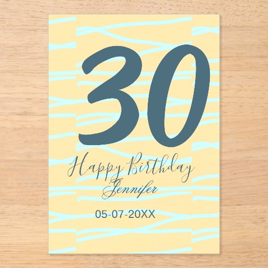 30歳の誕生日 名前 日付 年齢 イエロー ブルー パステル アクリル招待状 (正面)