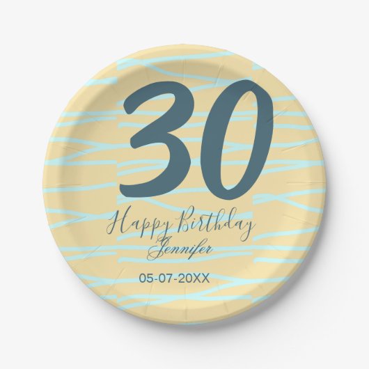 30歳の誕生日 名前 日付 年齢 イエロー ブルー パステル ペーパープレート (正面)