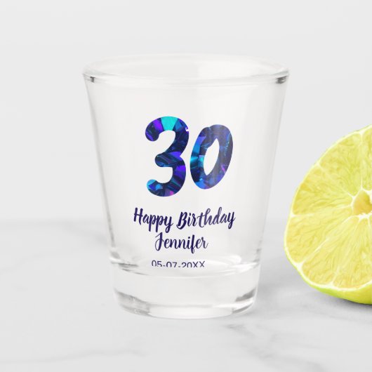 30歳の誕生日 名前 日付 年齢 青いスパークル ショットグラス (正面)
