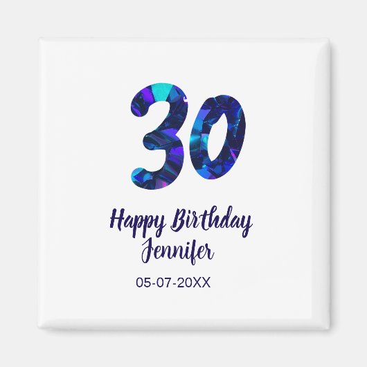 30歳の誕生日 名前 日付 年齢 青いスパークル マグネット (正面)