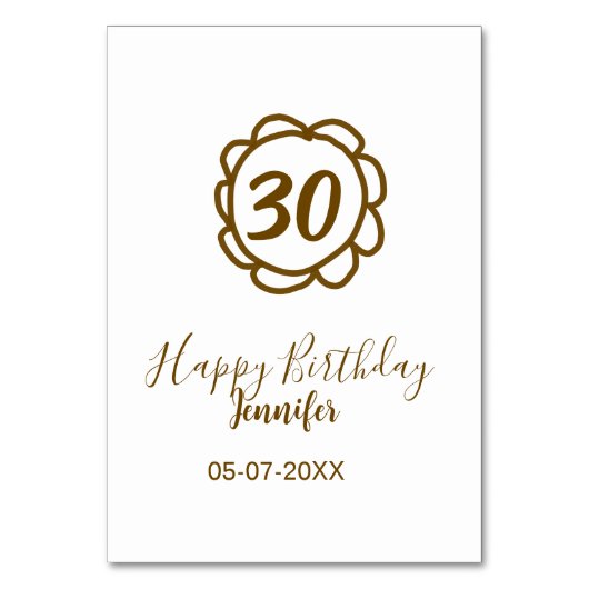 30歳の誕生日 名前 日付 年 テキスト ゴールドフラワー テーブルナンバー (正面)