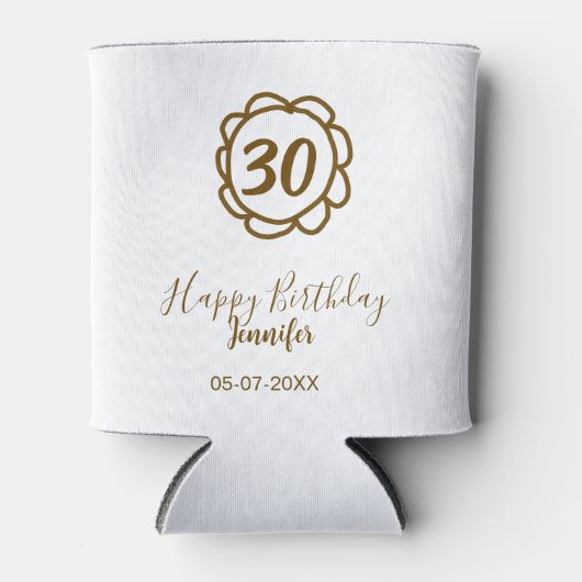 30歳の誕生日 名前 日付 年 テキスト ゴールドフラワー 缶クーラー (正面)