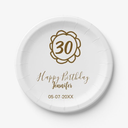 30歳の誕生日 名前 日付 年 テキスト 金色の花 ペーパープレート (正面)