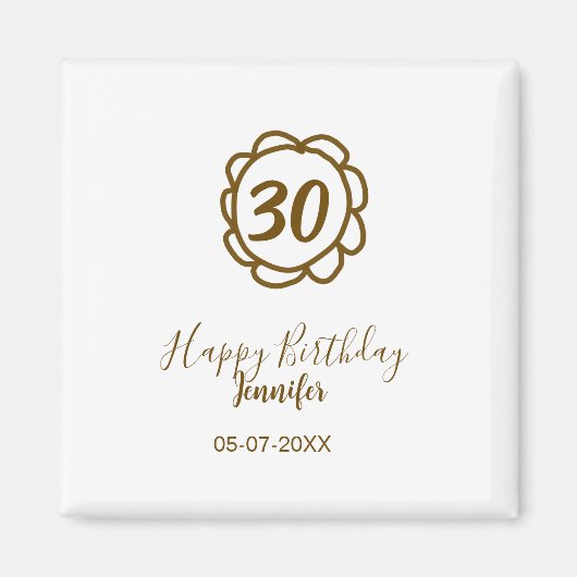 30歳の誕生日 名前 日付 年 テキスト 金色の花 マグネット (正面)