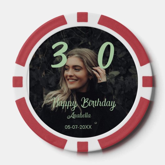 30歳の誕生日 名前 日付 年 緑の淡い色 太字 ポーカーチップ (正面)
