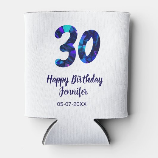 30歳の誕生日 名前 日付 記念日 青いスパークル 缶クーラー (正面)