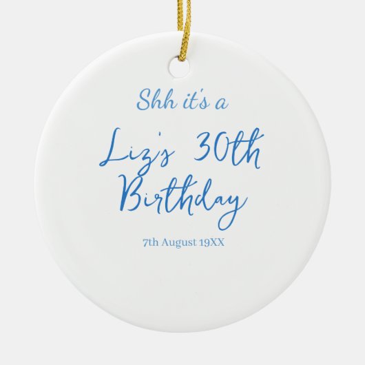 30歳の誕生日 名前 日付 青 シンプル ミニマル セラミックオーナメント (正面)
