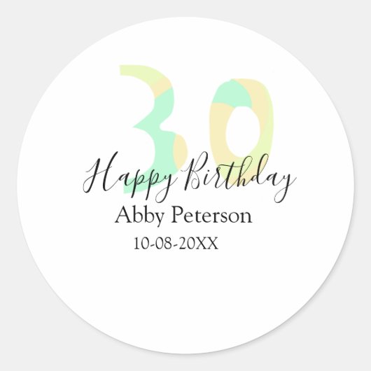 30歳の誕生日 太字 パステルイエロー ブラック レター ラウンドシール (正面)