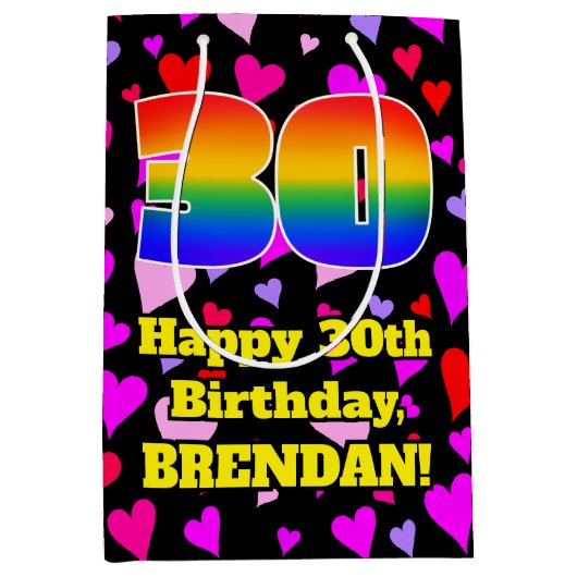 30歳の誕生日：愛するハートパターン、虹# 30 ミディアムペーパーバッグ (正面)