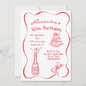 30歳の誕生日 手描きの赤と白のファンシー 招待状 (正面)