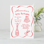 30歳の誕生日 手描きの赤と白のファンシー 招待状 (スタンド正面)