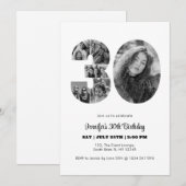 30歳の誕生日 数字30の写真コラージュ 白黒 招待状 (正面/裏面)