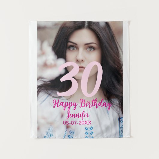 30歳の誕生日 白い写真に名前と日付と年を追加 タペストリー (正面)