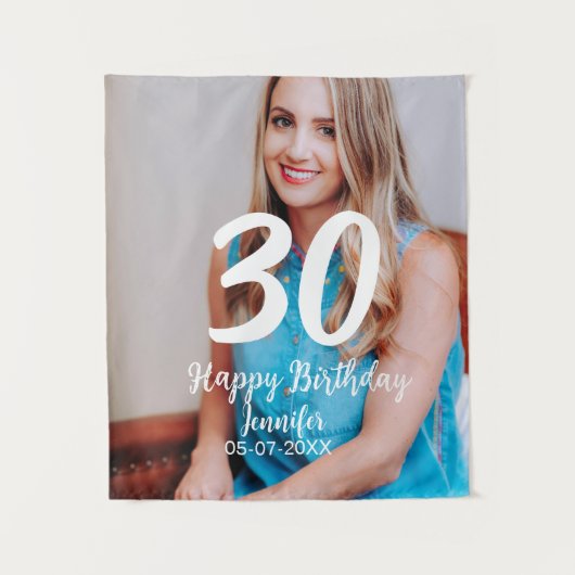 30歳の誕生日 白い写真に名前と日付と年を追加 タペストリー (正面)
