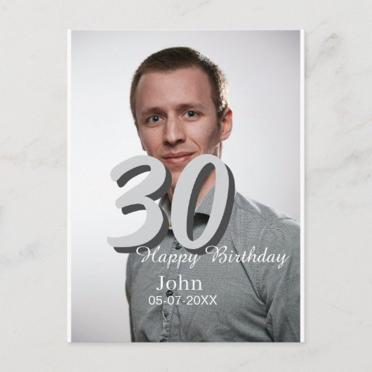 30歳の誕生日 白い写真に名前と日付と年を追加 ポストカード (正面)