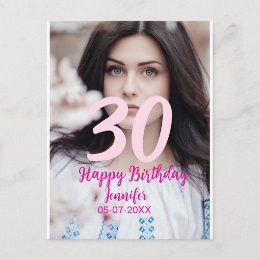 30歳の誕生日 白い写真に名前と日付と年を追加 ポストカード (正面)