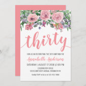 30歳の誕生日　素朴な花のブッシュピンクの水彩 招待状 (正面/裏面)