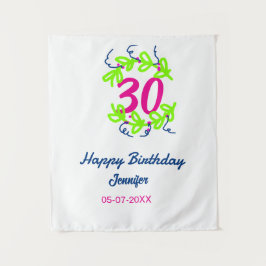 30歳の誕生日 緑 青 花輪 名前 日付 ラスティック タペストリー