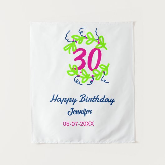 30歳の誕生日 緑 青 花輪 名前 日付 ラスティック タペストリー (正面)
