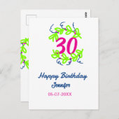 30歳の誕生日 緑 青 花輪 名前 日付 ラスティック ポストカード (正面/裏面)