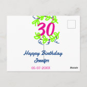 30歳の誕生日 緑 青 花輪 名前 日付 ラスティック ポストカード (裏面)