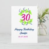 30歳の誕生日 緑 青 花輪 名前 日付 ラスティック 招待状 (スタンド正面)