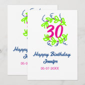 30歳の誕生日 緑 青 花輪 名前 日付 ラスティック 招待状 (正面/裏面)