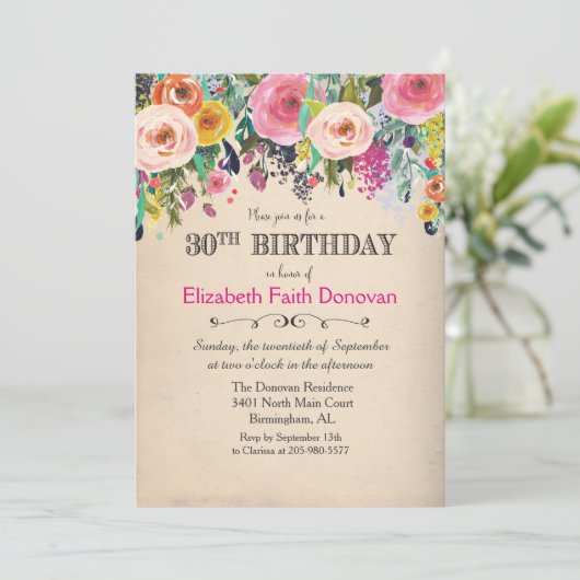 30歳の誕生日 花の水彩招待状 招待状 (スタンド正面)