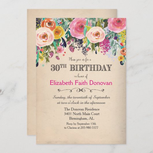 30歳の誕生日 花の水彩招待状 招待状 (正面/裏面)