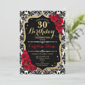30歳の誕生日 - 赤いバラ ゴールド ブラック ダマスク柄 招待状 (スタンド正面)