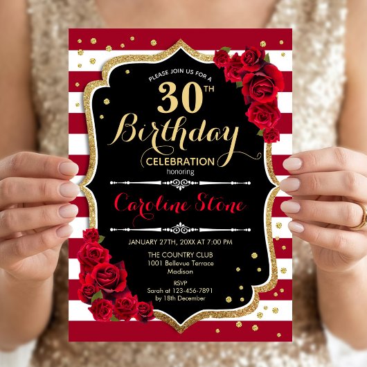 30歳の誕生日 - 赤 金 黒 白 ストライプ 薔薇 招待状