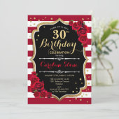 30歳の誕生日 - 赤 金 黒 白 ストライプ 薔薇 招待状 (スタンド正面)