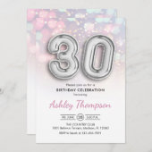 30歳の誕生日 – 銀色の風船ピンクライト 招待状 (正面/裏面)