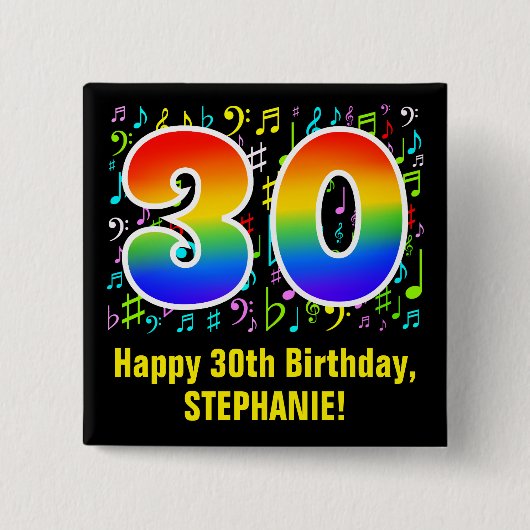 30歳の誕生日:音楽カラフル記号、レインボー30 缶バッジ (正面)