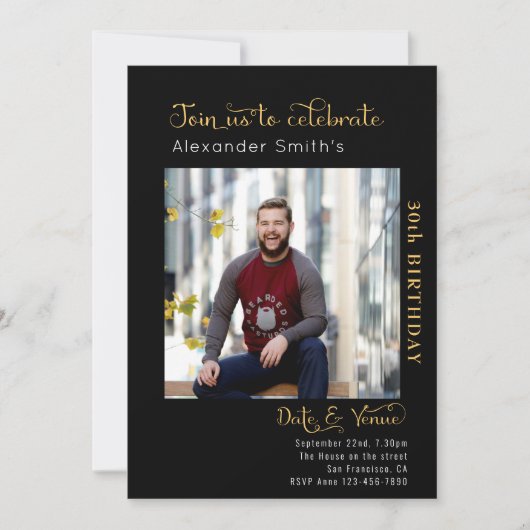 30歳の誕生日 黒 招待状 (正面)