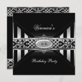 30歳の誕生日 黒 白 ストライプ シルバー 招待状 (正面/裏面)