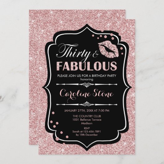 30歳の誕生日–30歳の素晴らしいバラ金ゴールドブラック 招待状 (正面/裏面)