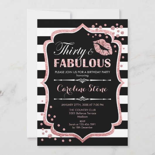 30歳の誕生日 - 30 歳のゴージャスなブラック ローズ ゴールド 招待状 (正面)