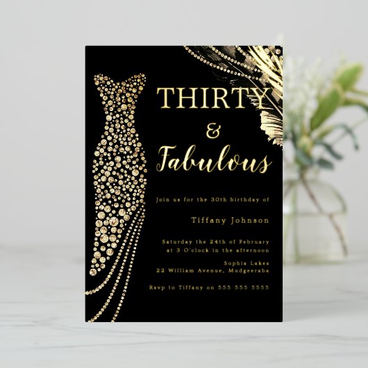 30歳の金ゴールドドレエレガントス30歳の誕生日 箔招待状 (立ち正面)